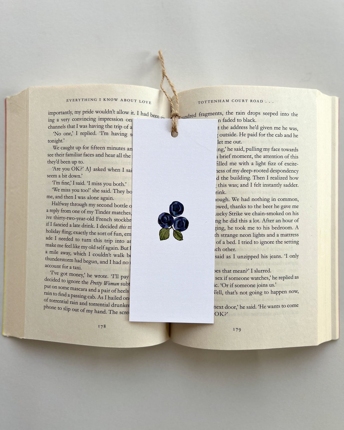 Open book with a bookmark featuring a blueberry illustration on a light gray background