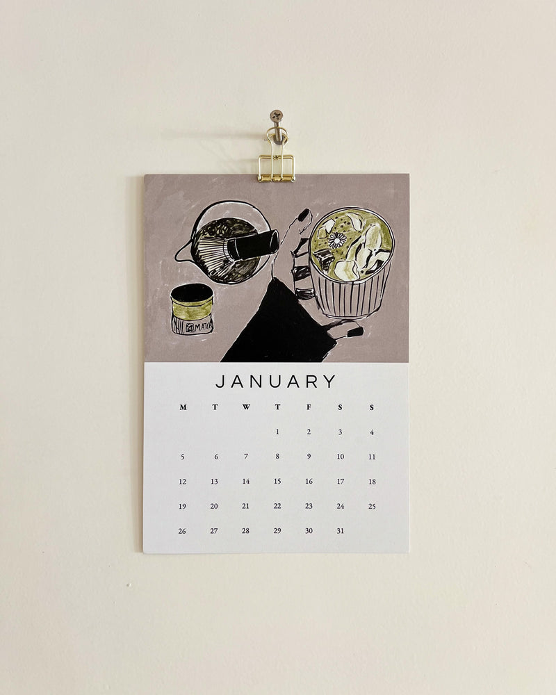 2026 Wall/Desk Calendar with January sketchbook original art/illustration of matcha with matcha tea kit on a beige wall.