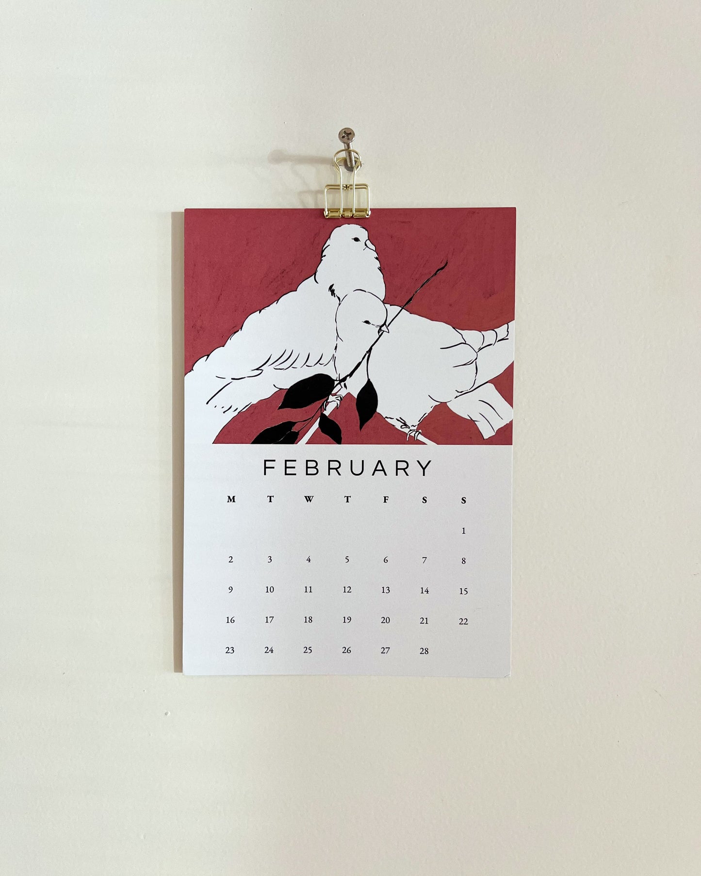 2026 Wall/Desk Calendar with February sketchbook original art/illustration of two white doves with a pink background to represent the month of love. 