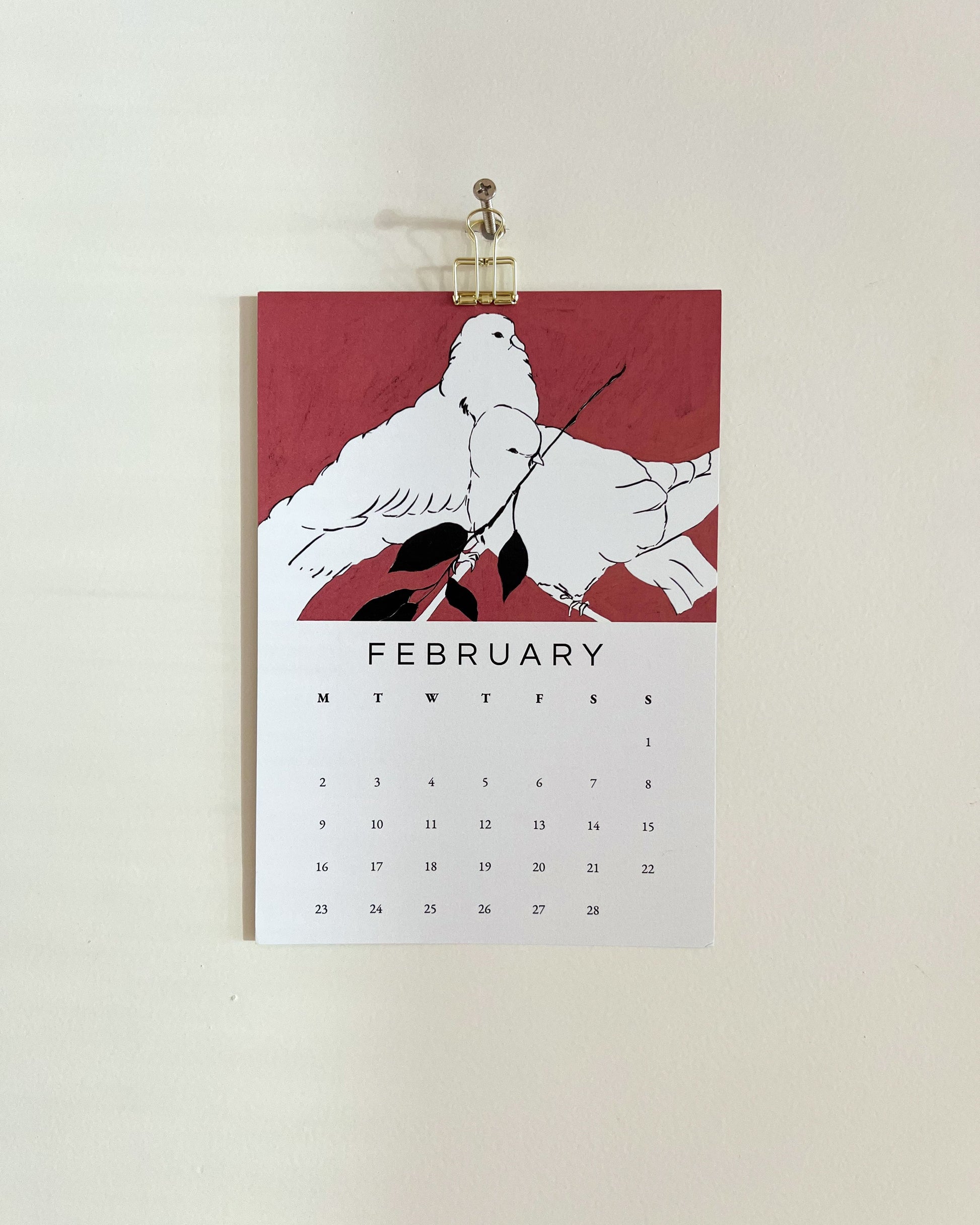 2026 Wall/Desk Calendar with February sketchbook original art/illustration of two white doves with a pink background to represent the month of love. 