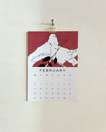 2026 Wall/Desk Calendar with February sketchbook original art/illustration of two white doves with a pink background to represent the month of love. 