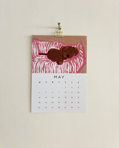 2026 Wall/Desk Calendar with May sketchbook original art/illustration of a a toy poodle on a pink sofa.