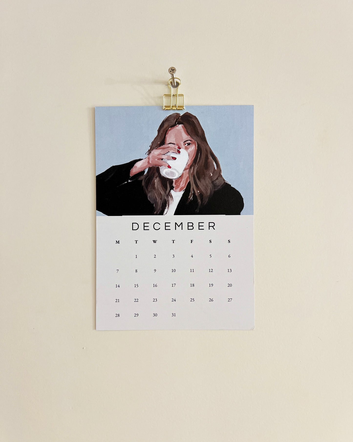 2026 Wall/Desk Calendar with December sketchbook original art/illustration of a lady drinking coffee with blue background