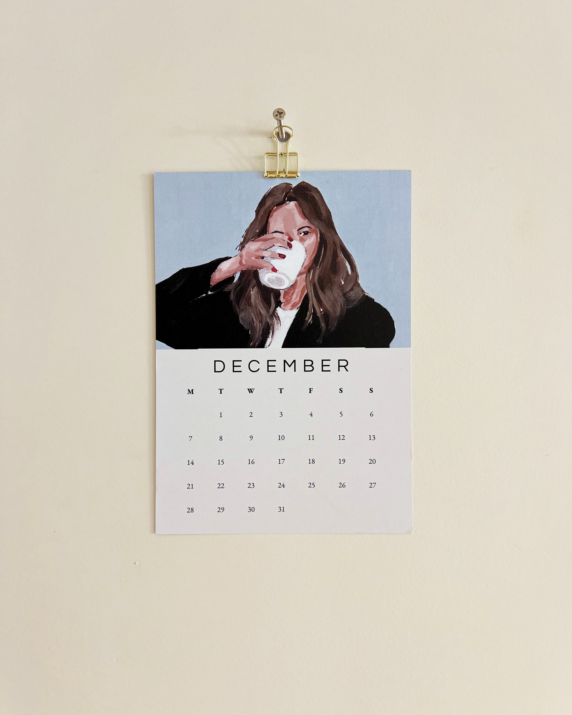 2026 Wall/Desk Calendar with December sketchbook original art/illustration of a lady drinking coffee with blue background