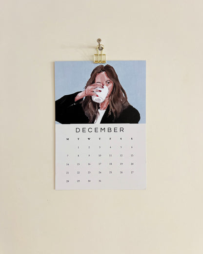 2026 Wall/Desk Calendar with December sketchbook original art/illustration of a lady drinking coffee with blue background