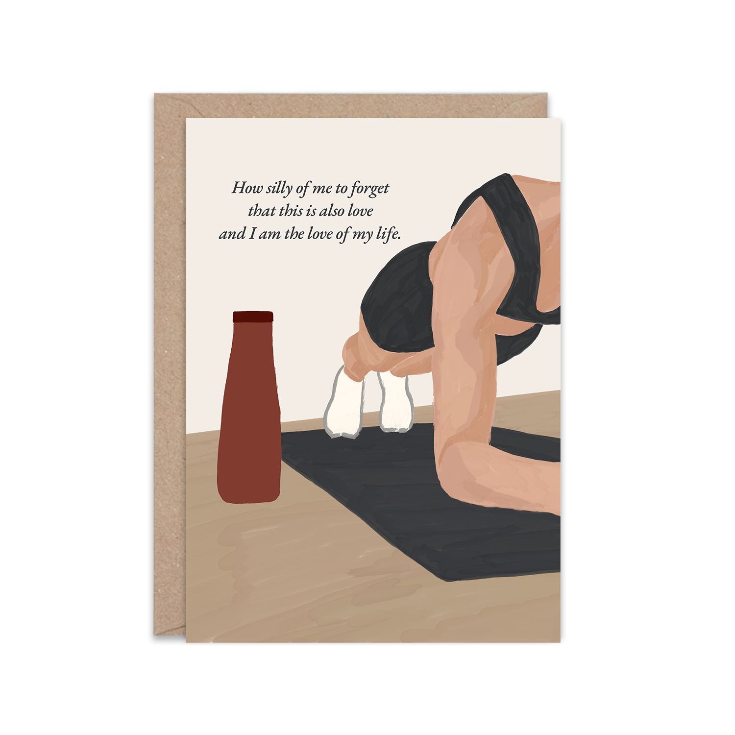 Card with illustration of a person in a yoga pose and text on a white background