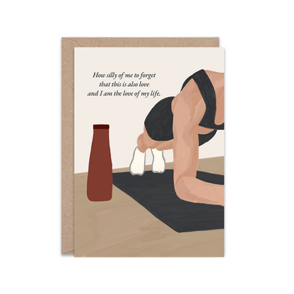Card with illustration of a person in a yoga pose and text on a white background