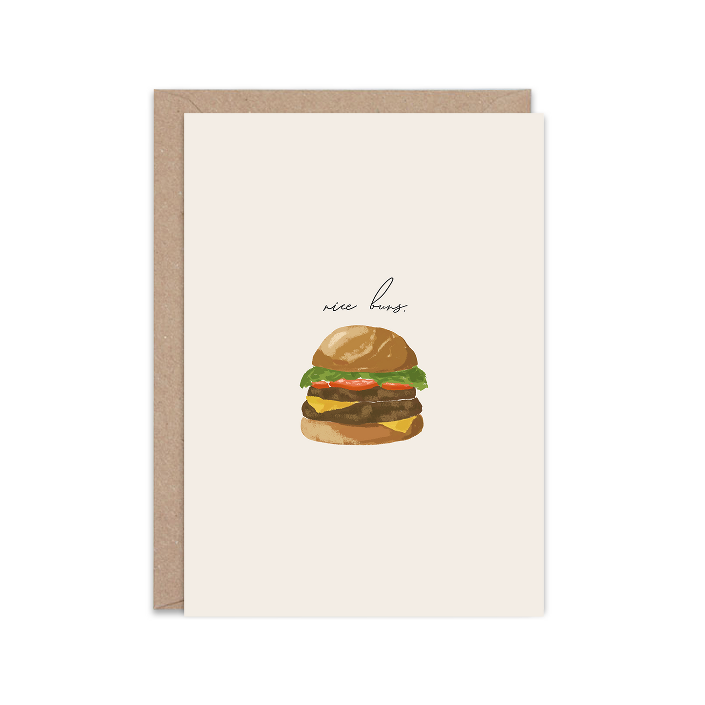 Greeting card with a hamburger illustration and 'nice buns' text on a white background