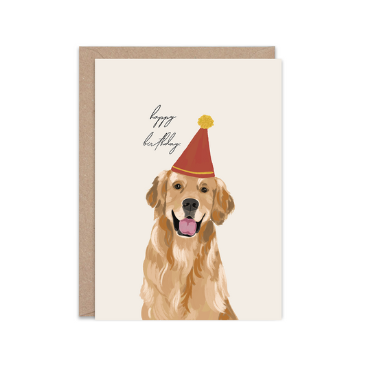 Greeting card with a dog wearing a party hat and 'Happy Birthday' text on a white background.