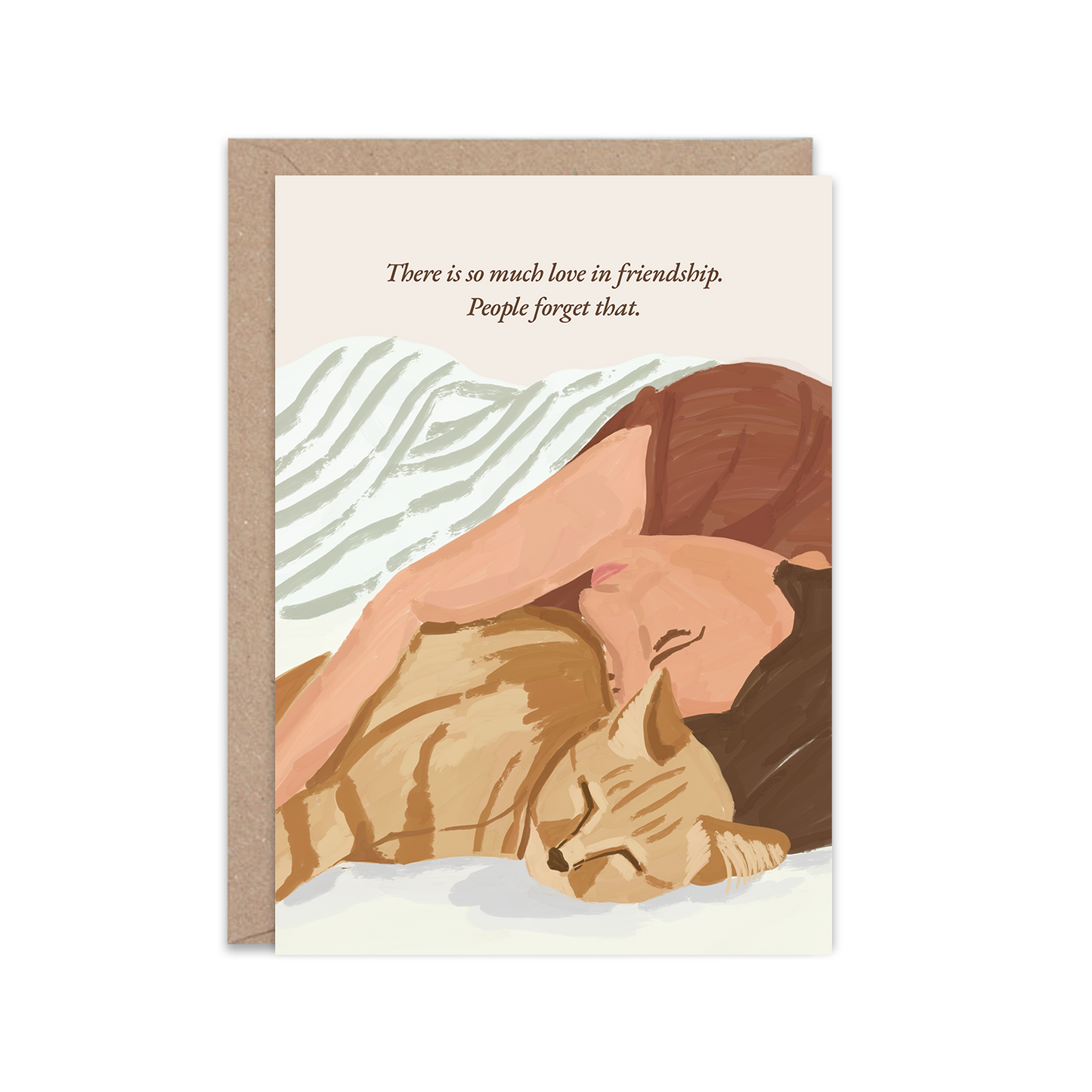Greeting card with illustration of a person hugging a cat and text on a white background